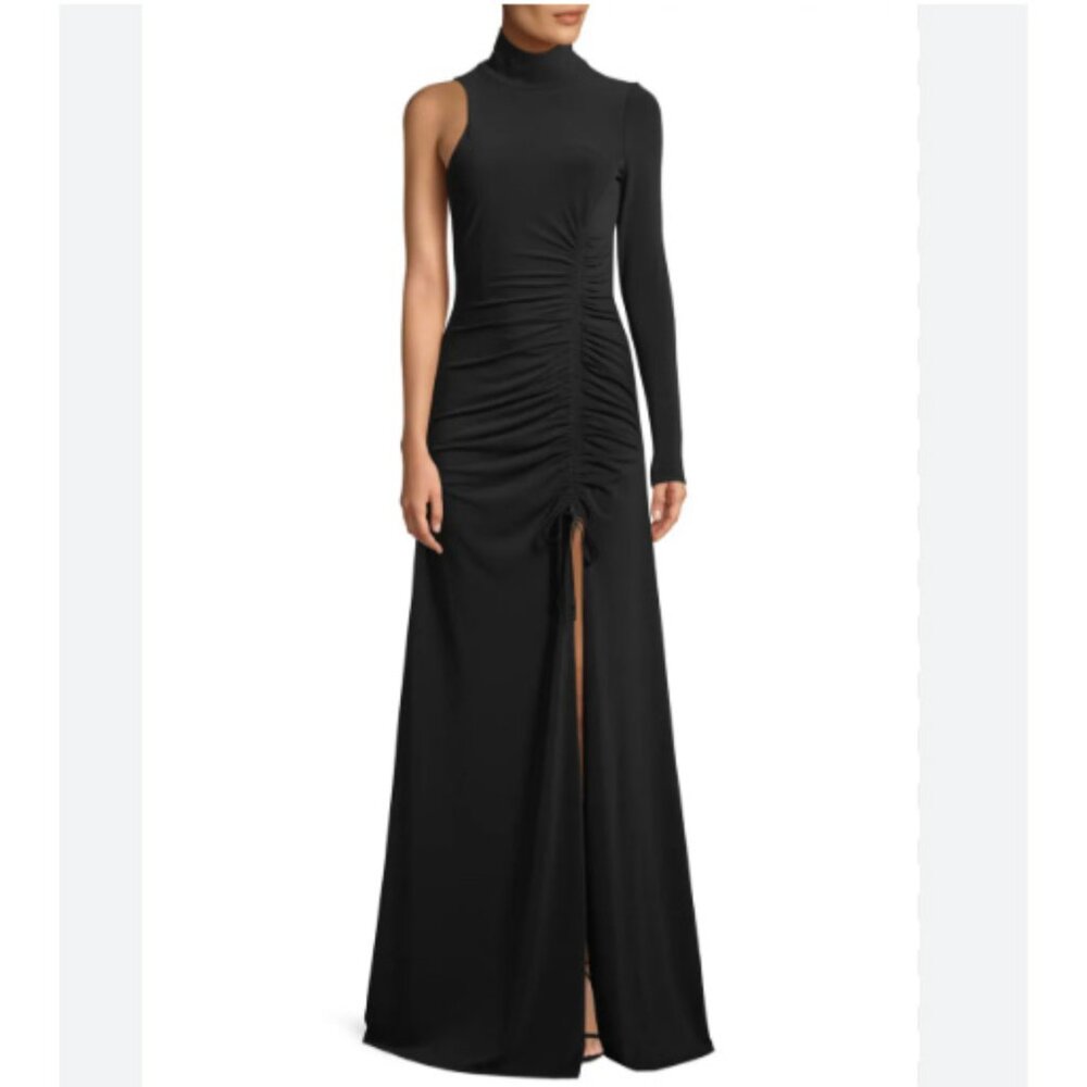 Cinq a Sept Francoise Gown Black One Sleeve Mock Neck Slit Ruched Front 4